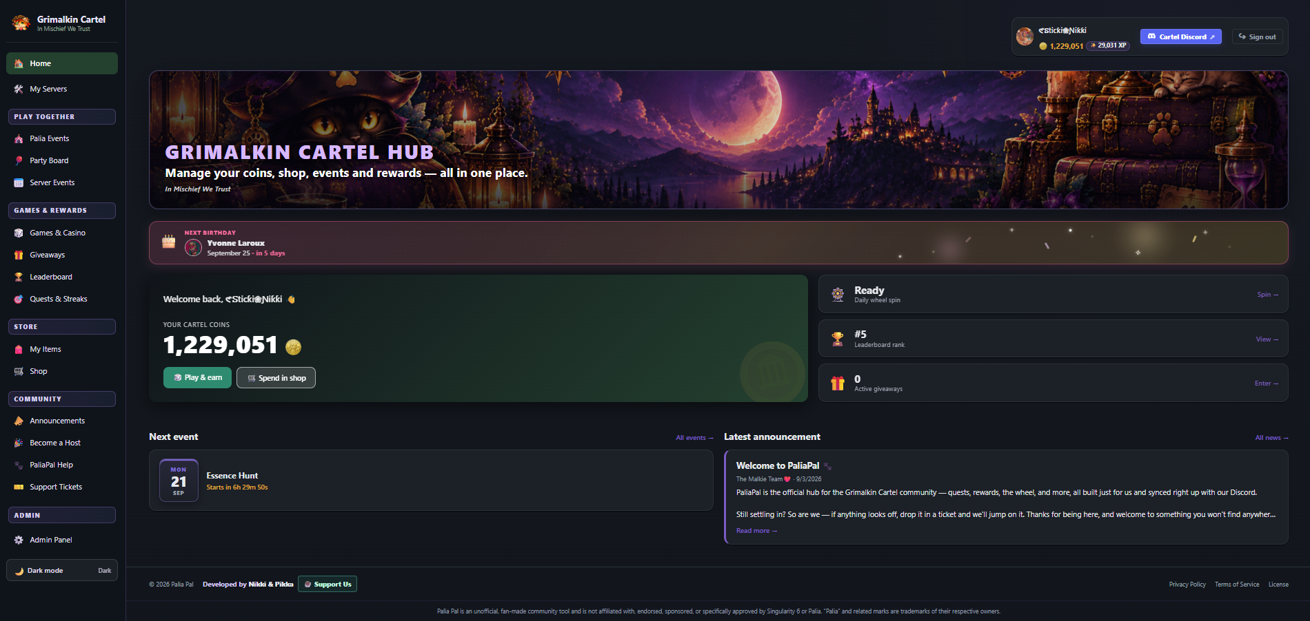 Example PaliaPal community hub showing server navigation, a branded banner, member summary, upcoming event, and announcement